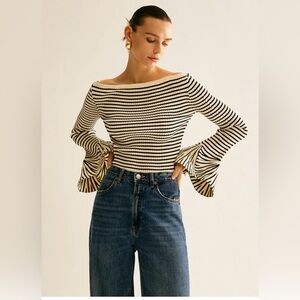 NWT Commense Striped Ruffle Bell Sleeve Knit Top Off Shoulder ✨
